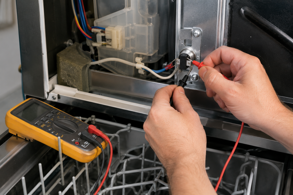 Technician using a digital multimeter to test the high-limit thermostat inside a dishwasher after disconnecting power, checking electrical continuity as part of troubleshooting a dishwasher that is not drying dishes properly.