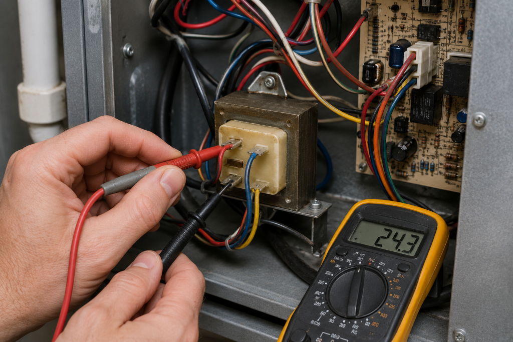Technician using a multimeter to test the low-voltage transformer inside a residential HVAC furnace control compartment.