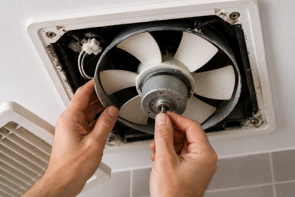 Close-up of a homeowner manually rotating the motor shaft of a bathroom exhaust fan while inspecting the fan assembly for a seized motor, excessive resistance, or internal motor failure.