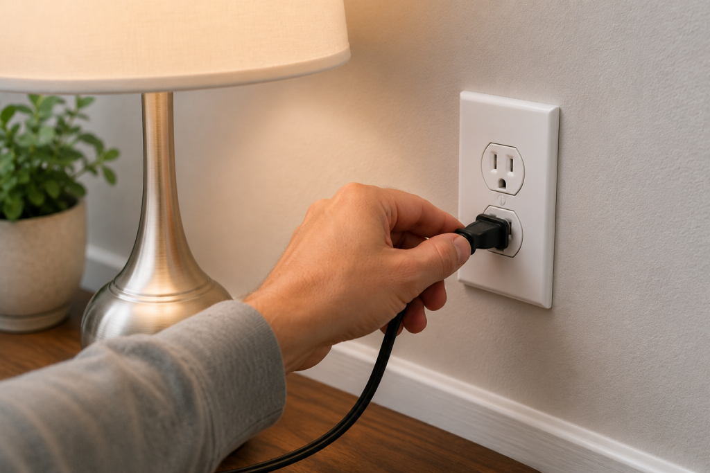 Small table lamp plugged into a wall outlet while testing whether the receptacle is supplying power during electrical troubleshooting.