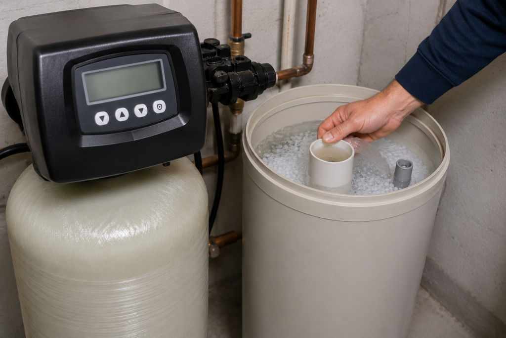 Homeowner manually testing a water softener regeneration cycle by monitoring the brine tank water level during operation.