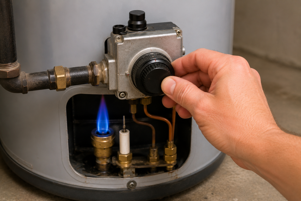 Close-up of a person testing the gas control valve on a residential gas water heater while the pilot flame remains lit.