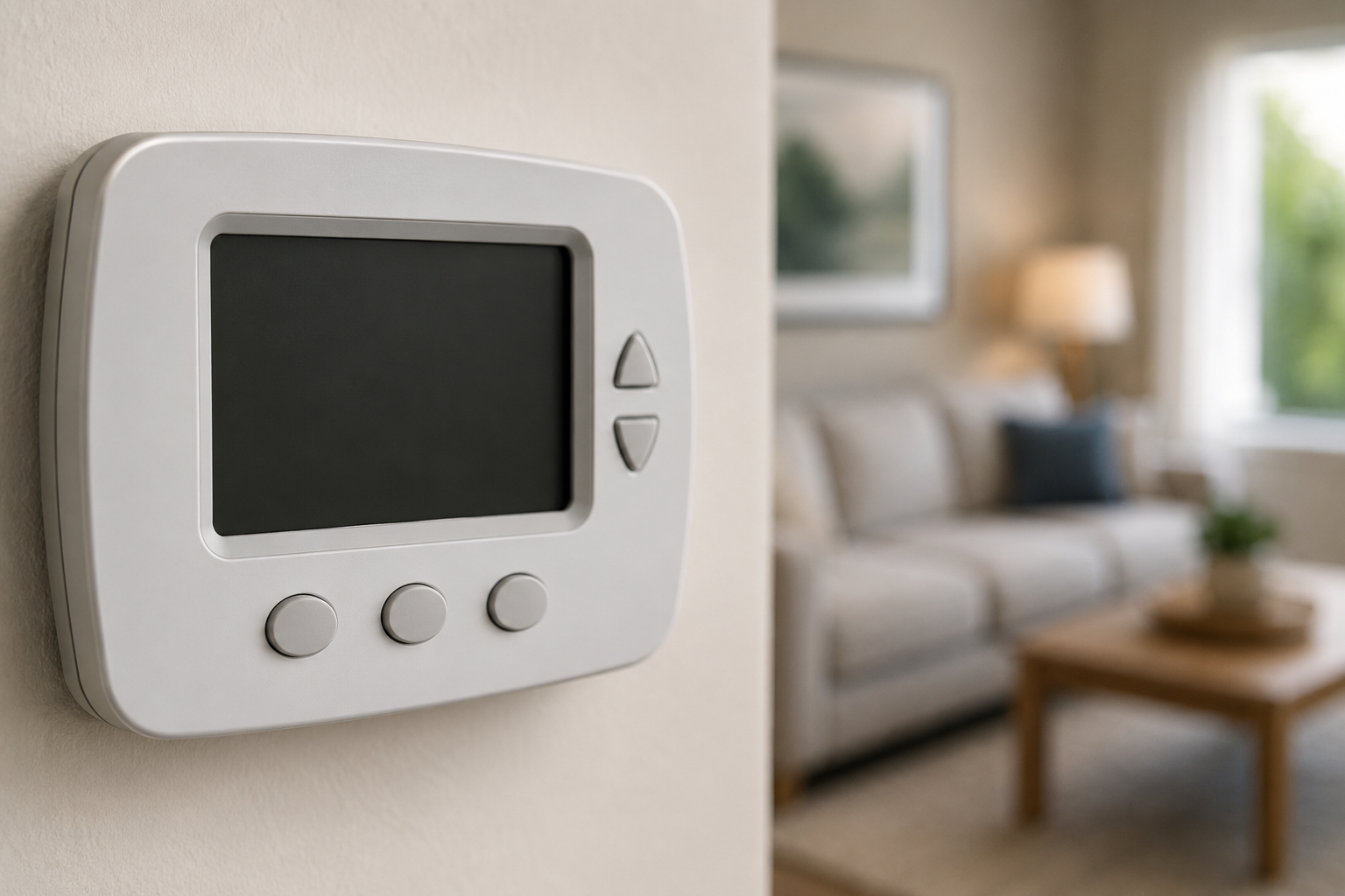 Close-up of a modern digital thermostat with a blank black screen mounted on a wall inside a bright living room, illustrating a thermostat power or display issue.