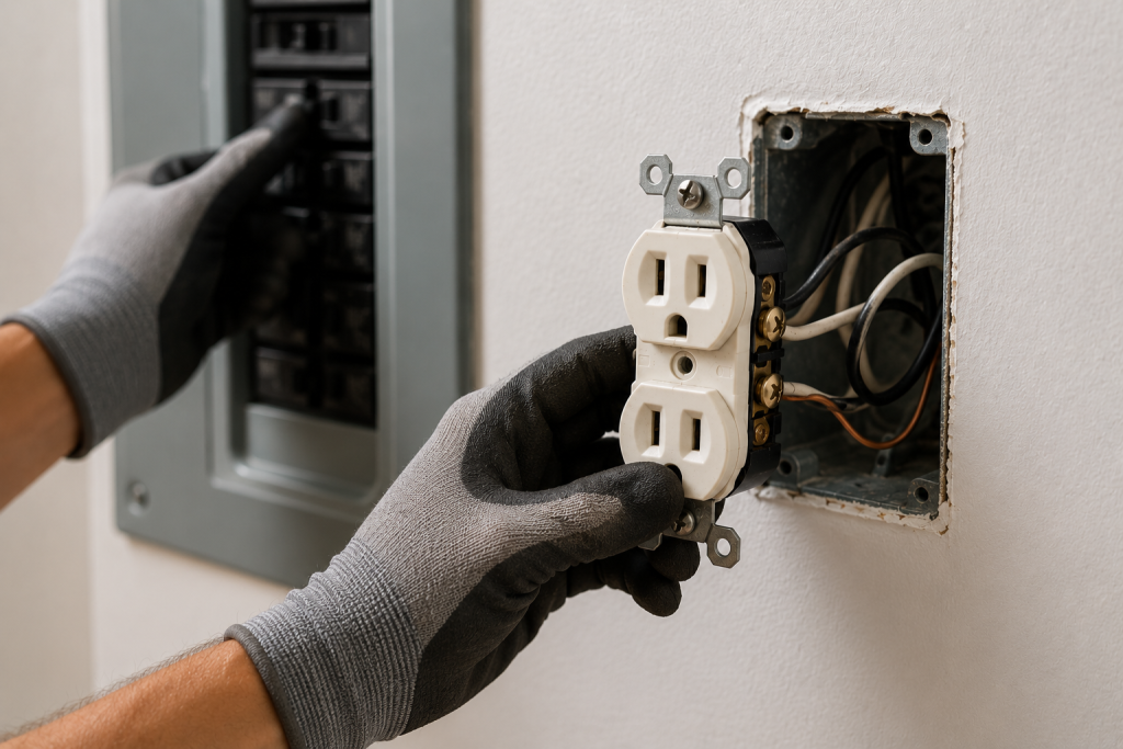 Homeowner inspecting an electrical outlet with the cover plate removed after turning off power at the breaker, showing wiring connections inside the electrical box.