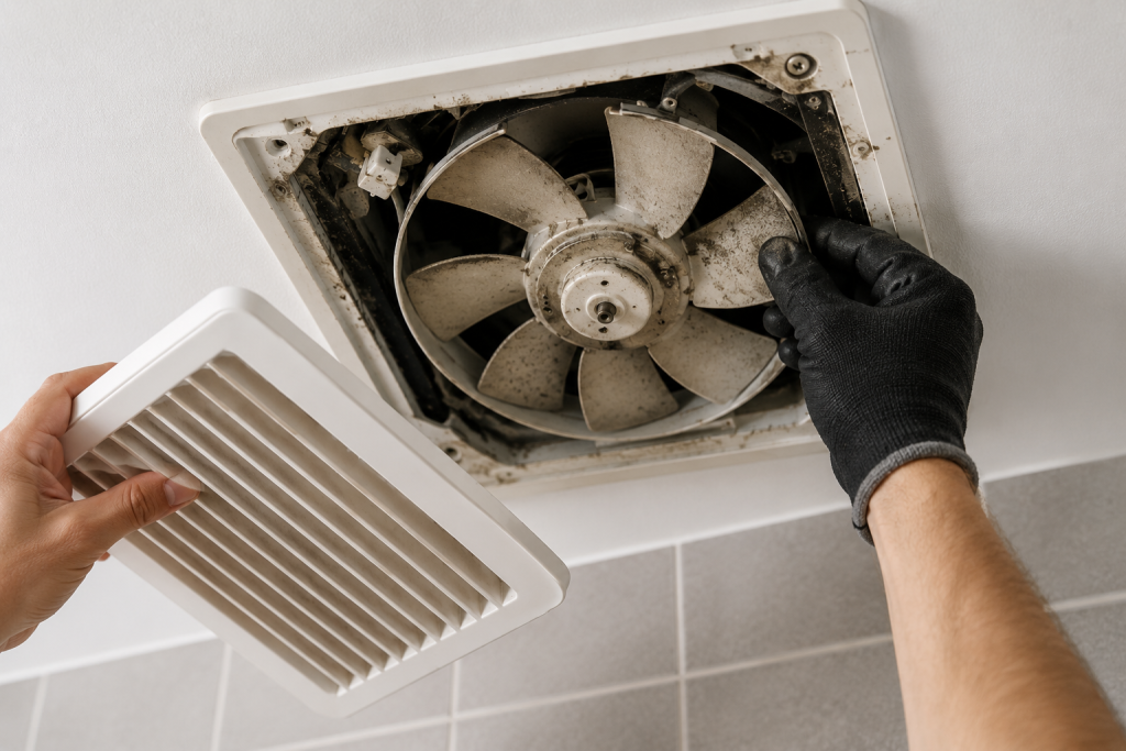 Homeowner standing on a step ladder inspecting bathroom exhaust fan blades with the grille removed, examining dust buildup and fan components while power is turned off.