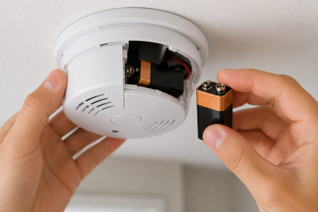 Installing a fresh 9-volt battery into a ceiling-mounted smoke detector to resolve chirping and low battery warnings.