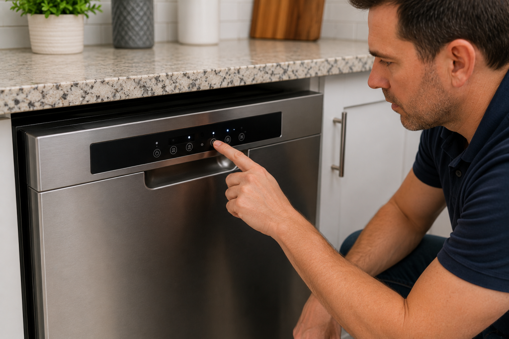 Homeowner checking dishwasher control panel settings to disable a delayed start cycle before beginning a wash program