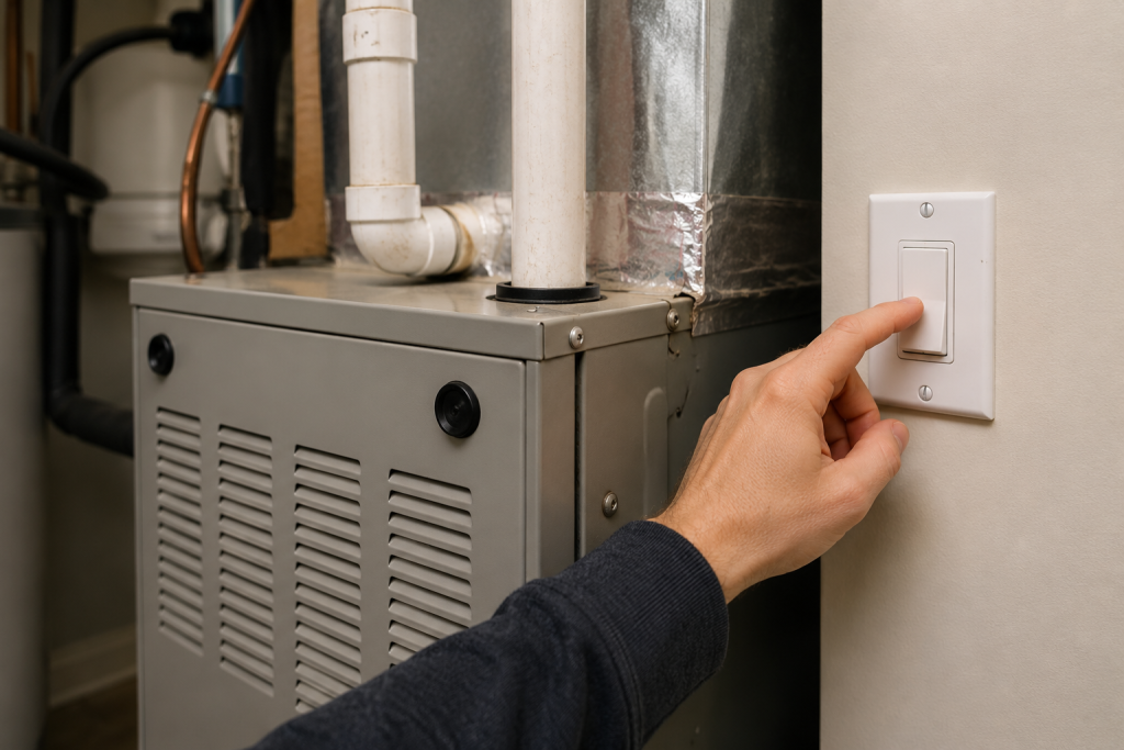 Person turning on the furnace service switch next to a residential furnace to verify the HVAC system has power.