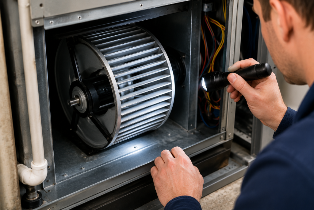 Technician inspecting an HVAC blower fan and motor assembly inside a residential furnace to verify proper airflow and system operation.