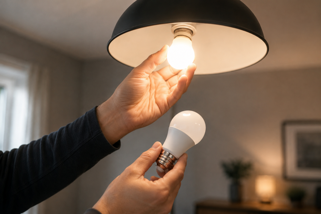 Homeowner testing a light bulb in a ceiling fixture while holding a replacement LED bulb to verify proper operation during Dimmer Switch Not Working.
