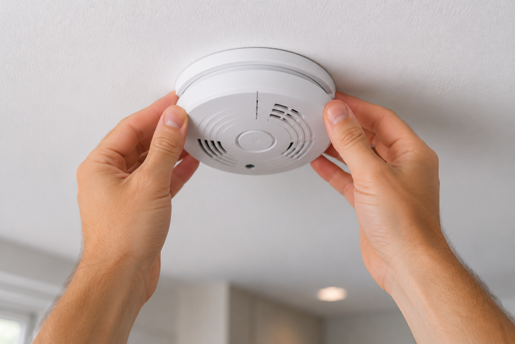 Homeowner securing a ceiling-mounted smoke detector onto its mounting bracket to ensure it is fully seated and properly connected.