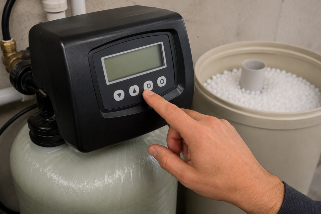 Homeowner adjusting the control panel settings on a residential water softener system to verify regeneration cycle programming.