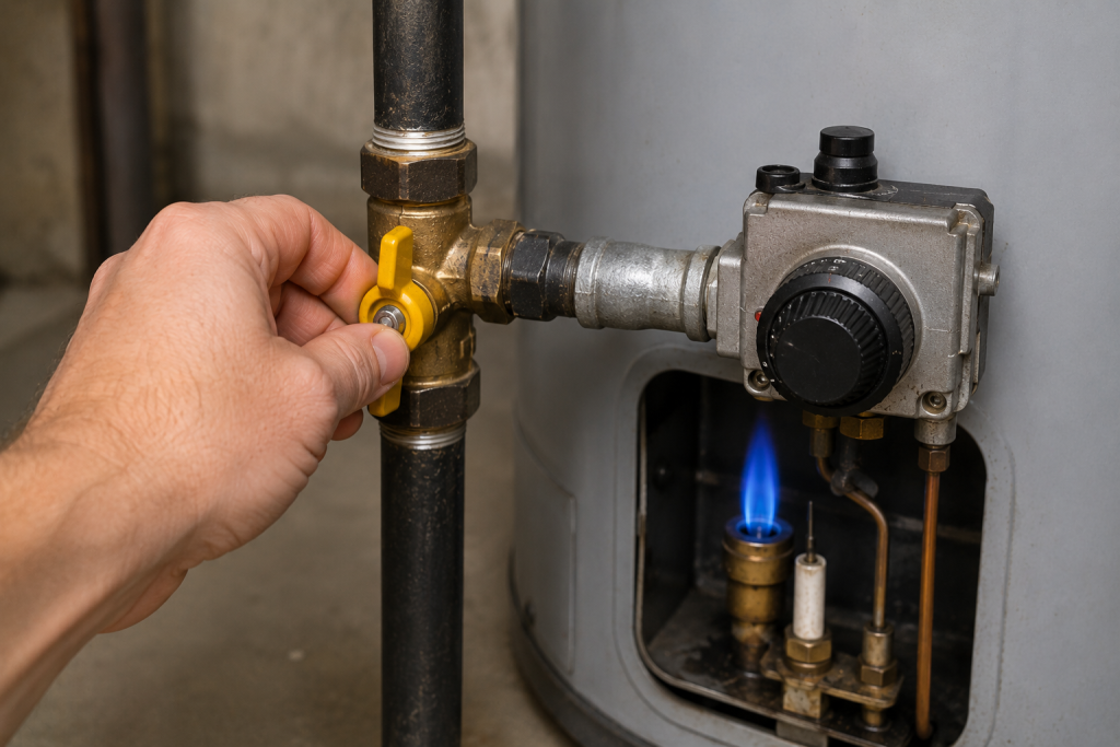 Person checking the gas shutoff valve on a residential gas water heater to verify the appliance is receiving an adequate gas supply.
