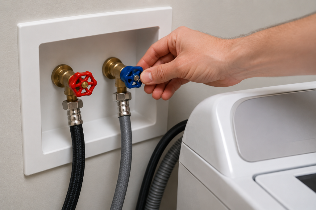 Hand opening hot and cold water supply valves connected to a washing machine to ensure proper water flow during troubleshooting.