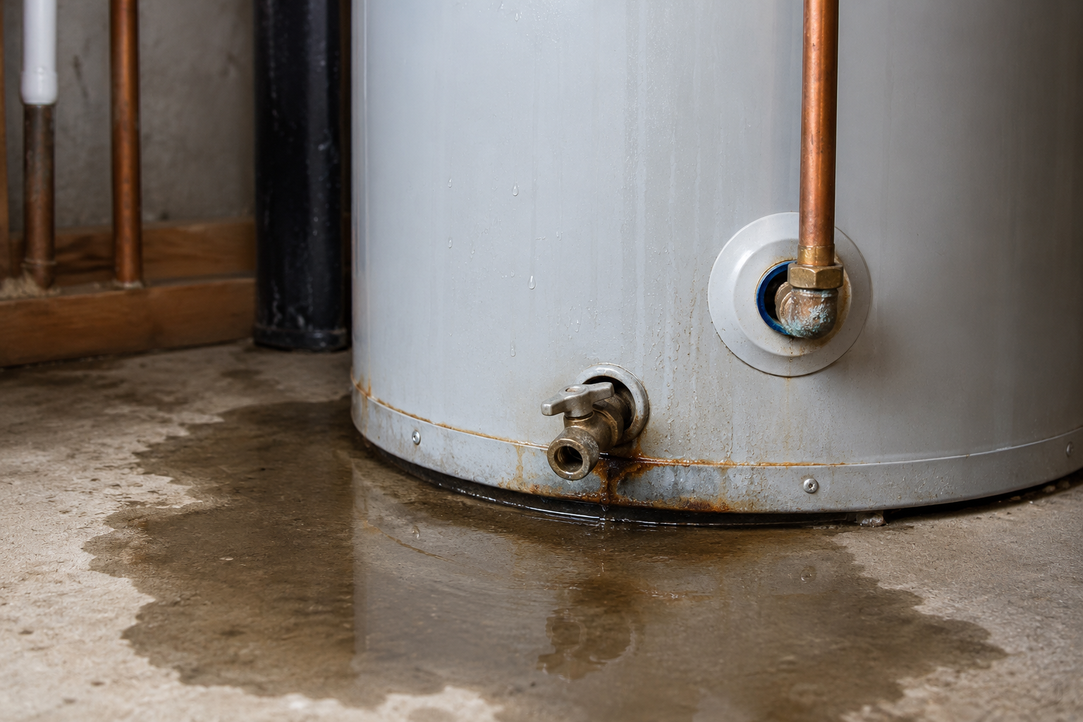 Water heater leaking from the bottom onto a concrete floor with visible rust and water pooling around the base in a utility room.