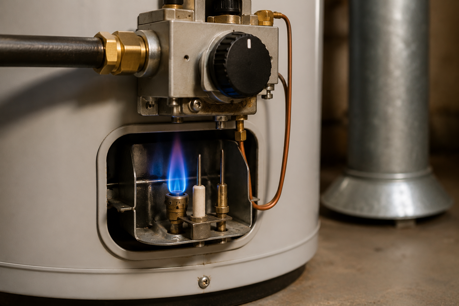 Close-up of a residential gas water heater burner compartment with a blue pilot flame and gas control valve, illustrating a water heater pilot light troubleshooting issue.