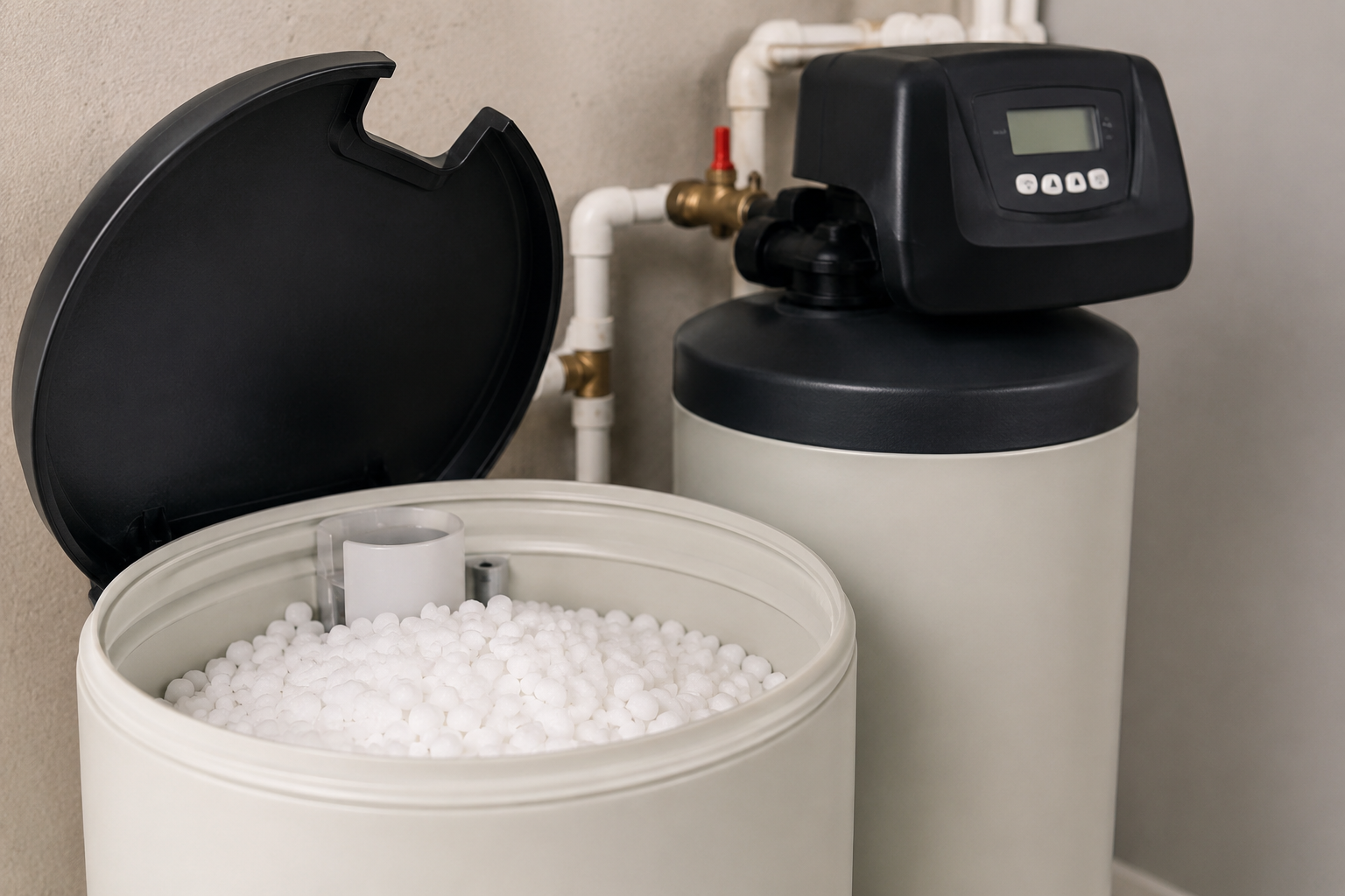 Open water softener system with salt pellets visible in the brine tank inside a residential utility room.