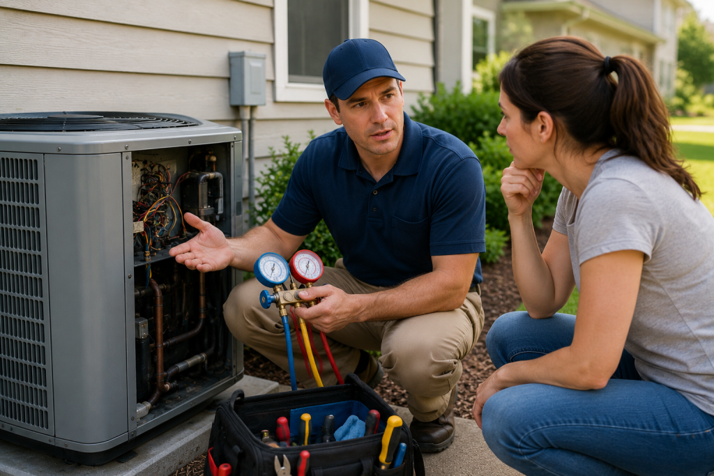 Licensed HVAC technician diagnosing a residential air conditioning system with professional testing equipment while discussing cooling problems with a homeowner outside the home.