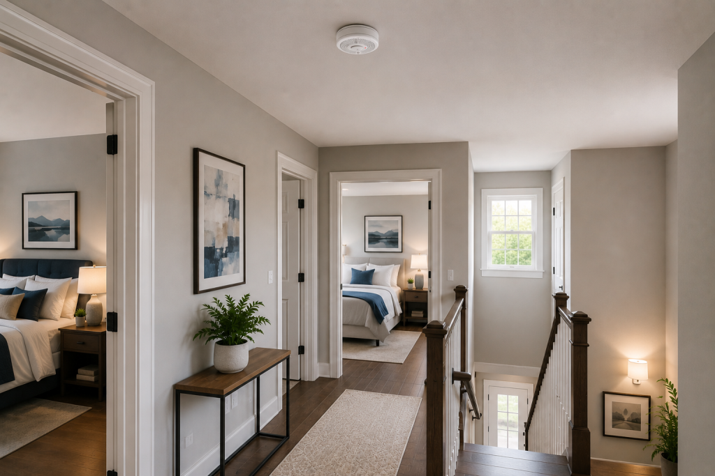 Single ceiling-mounted smoke detector installed in a residential hallway near bedrooms and a staircase, demonstrating proper smoke alarm placement for home fire safety.