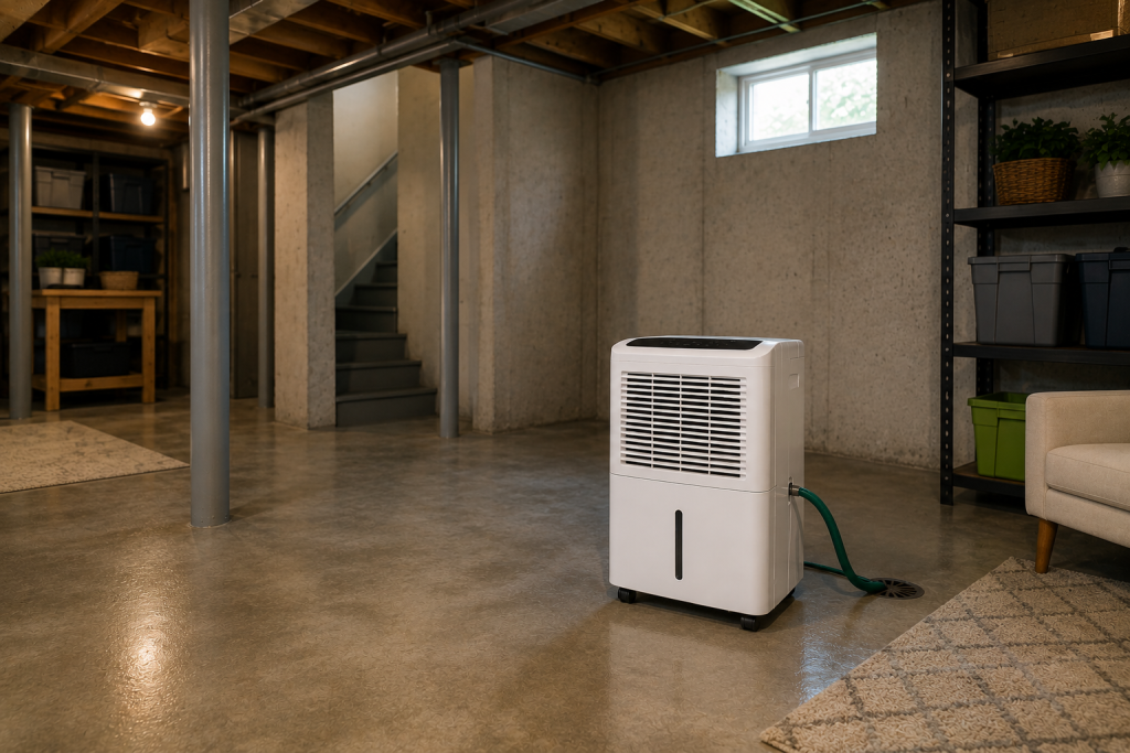 Basement dehumidifier placed in an open central location with proper clearance from walls for optimal airflow and moisture removal