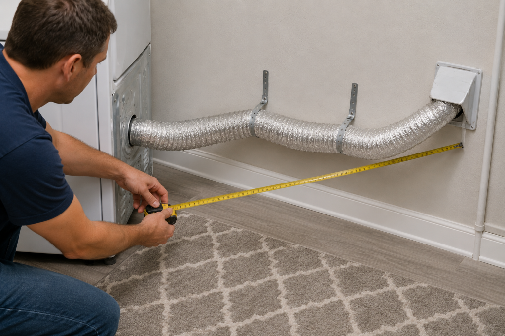 Homeowner measuring a long dryer vent run with a tape measure to determine whether excessive vent length or multiple bends are restricting airflow.