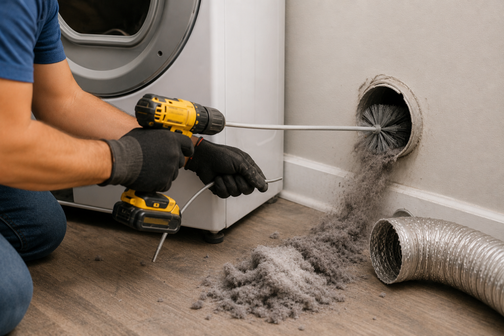 Homeowner using a dryer vent cleaning brush to remove lint buildup from a long dryer vent duct to restore proper airflow and eliminate AF code errors.