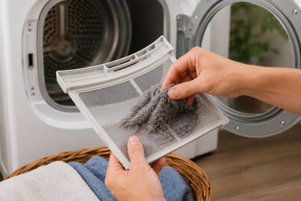 Homeowner removing lint from a dryer lint screen over a laundry basket to improve airflow and prevent Whirlpool dryer AF code.
