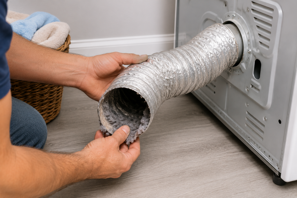 Homeowner inspecting a flexible dryer vent hose behind a dryer, checking for lint buildup, kinks, crushing, or damage that could restrict airflow.