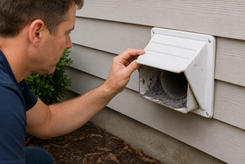 Homeowner inspecting an exterior dryer vent hood on the side of a house, checking for lint buildup, debris, or obstructions that could restrict dryer airflow.