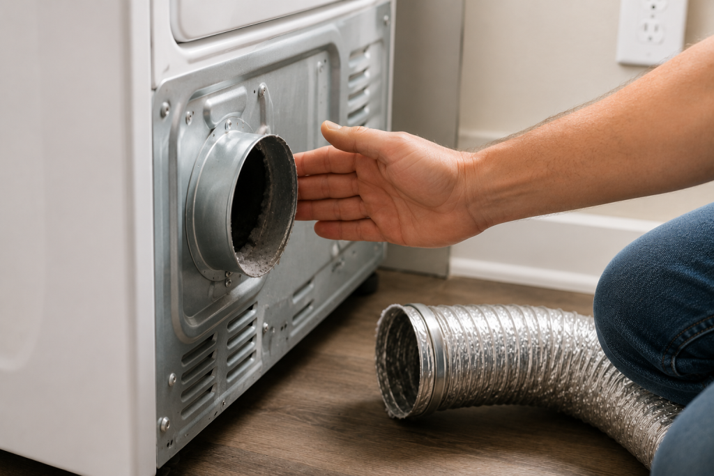 Homeowner checking airflow at the dryer exhaust outlet with the vent hose disconnected to diagnose a Whirlpool dryer AF code caused by restricted airflow.