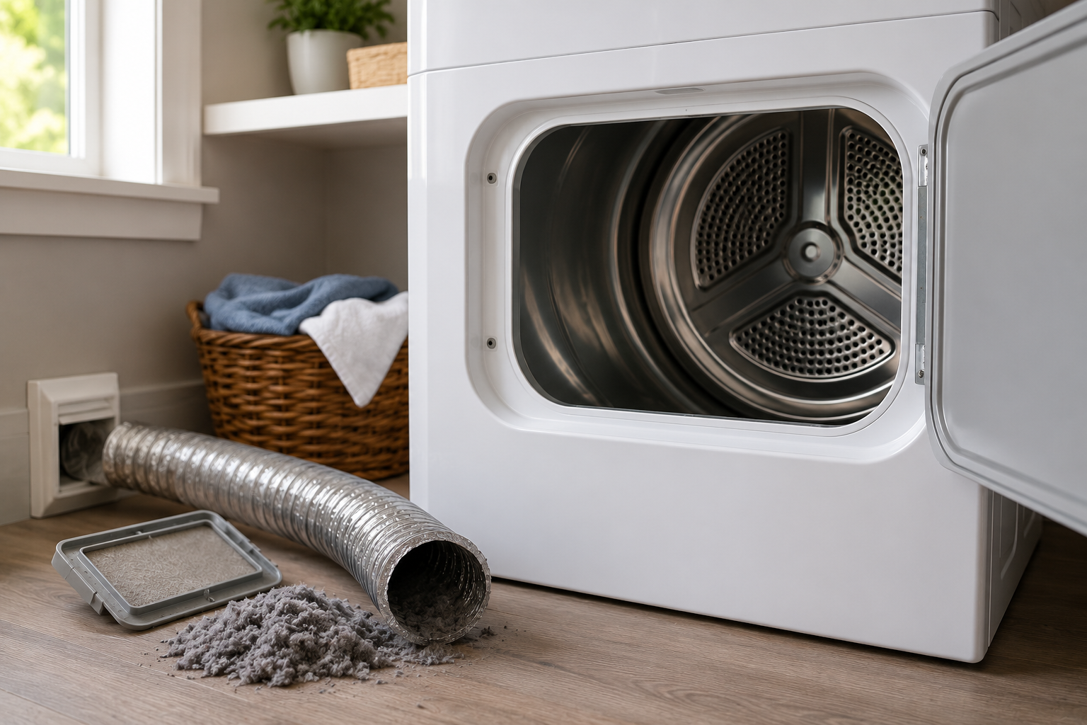 Modern dryer in a clean laundry room with a disconnected vent hose, lint buildup, and open dryer door, illustrating an airflow restriction causing a Whirlpool dryer AF code.
