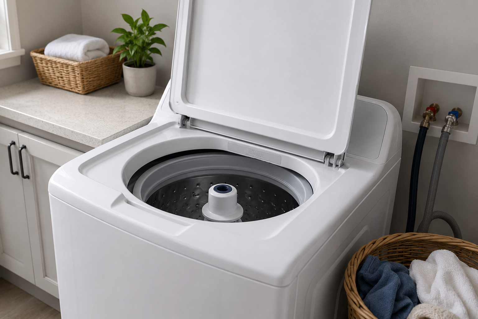 Whirlpool top-load washing machine in a clean laundry room with the lid open and visible water supply connections during troubleshooting.