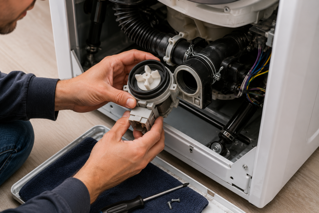Technician inspecting and testing a washing machine drain pump and impeller assembly inside the lower access compartment to diagnose drainage problems.