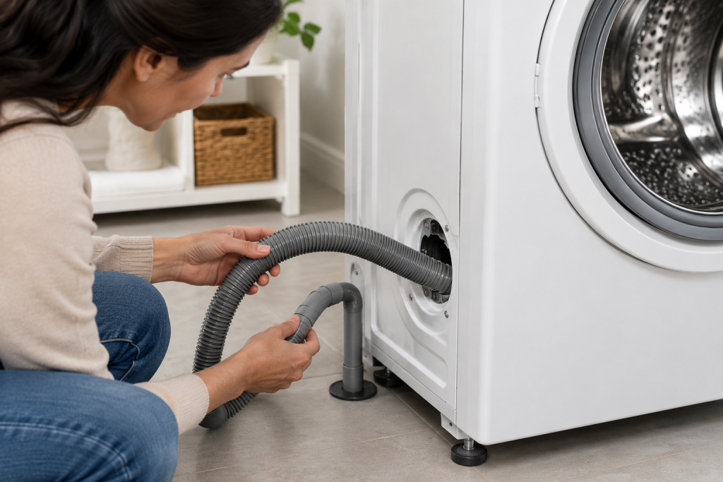 Homeowner inspecting the drain hose connection behind a front-load washing machine to check for kinks, clogs, or drainage restrictions.