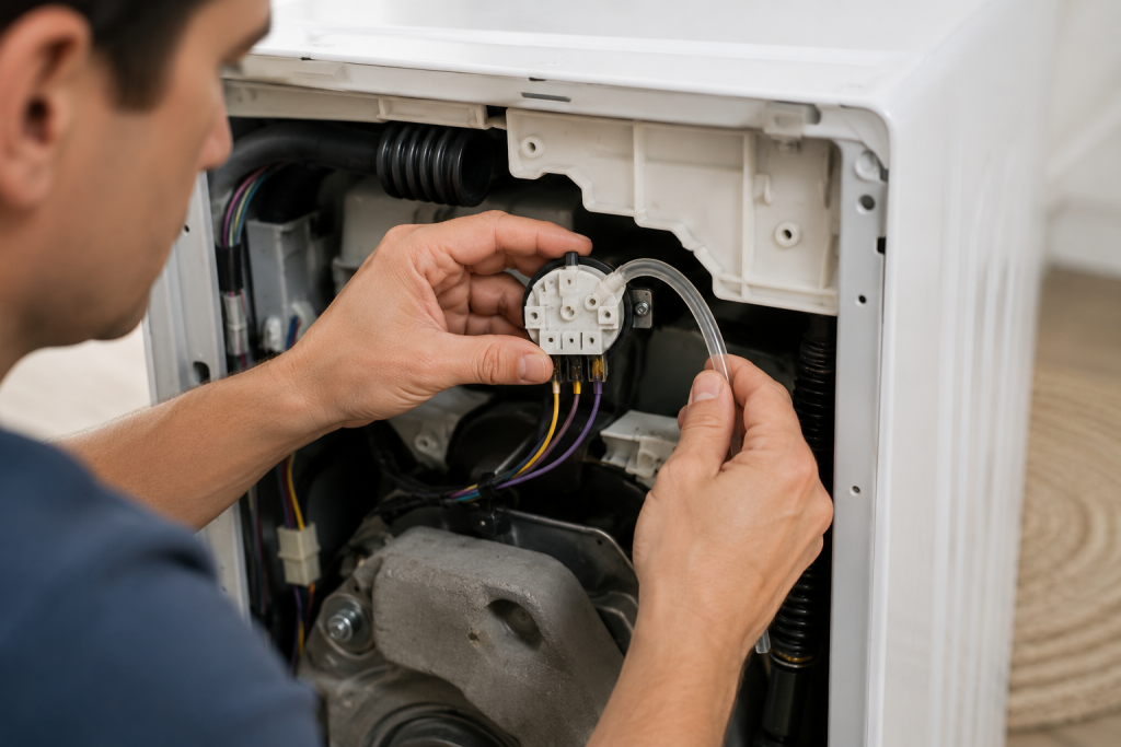 Technician inspecting a washing machine pressure switch and attached air hose inside the appliance cabinet to diagnose a Whirlpool washer SD code issue.