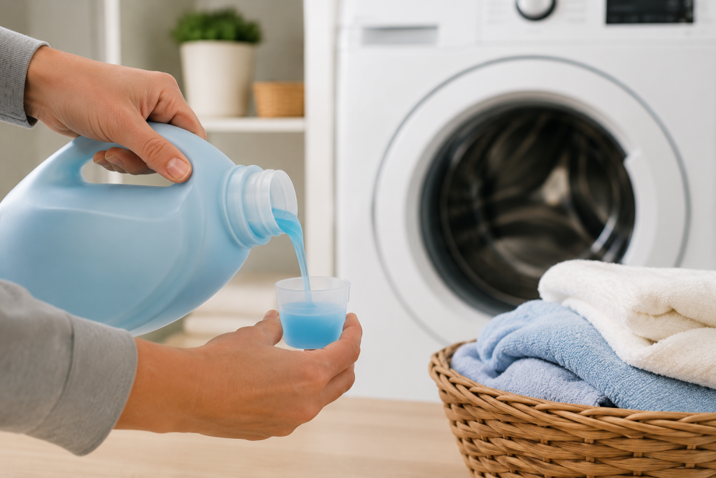 Homeowner carefully measuring a small amount of liquid laundry detergent into a cap beside a front-load washing machine in a laundry room.