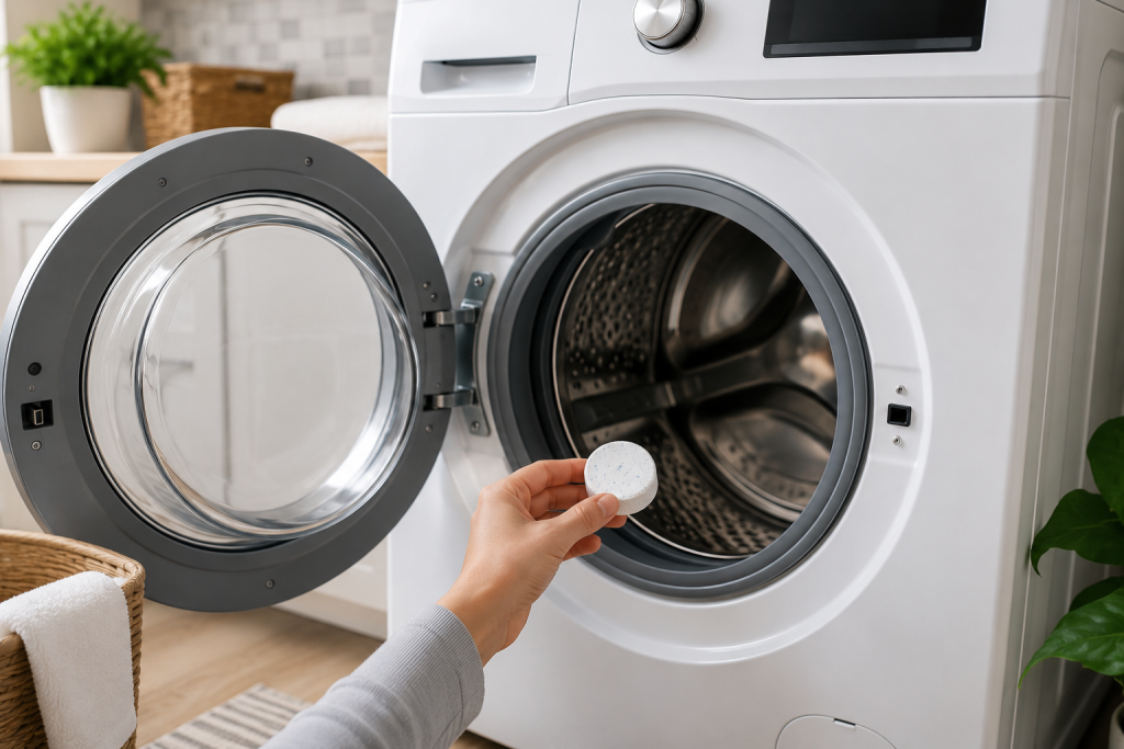 Homeowner placing a washer cleaning tablet into an open front-load washing machine drum in a clean, modern laundry room.