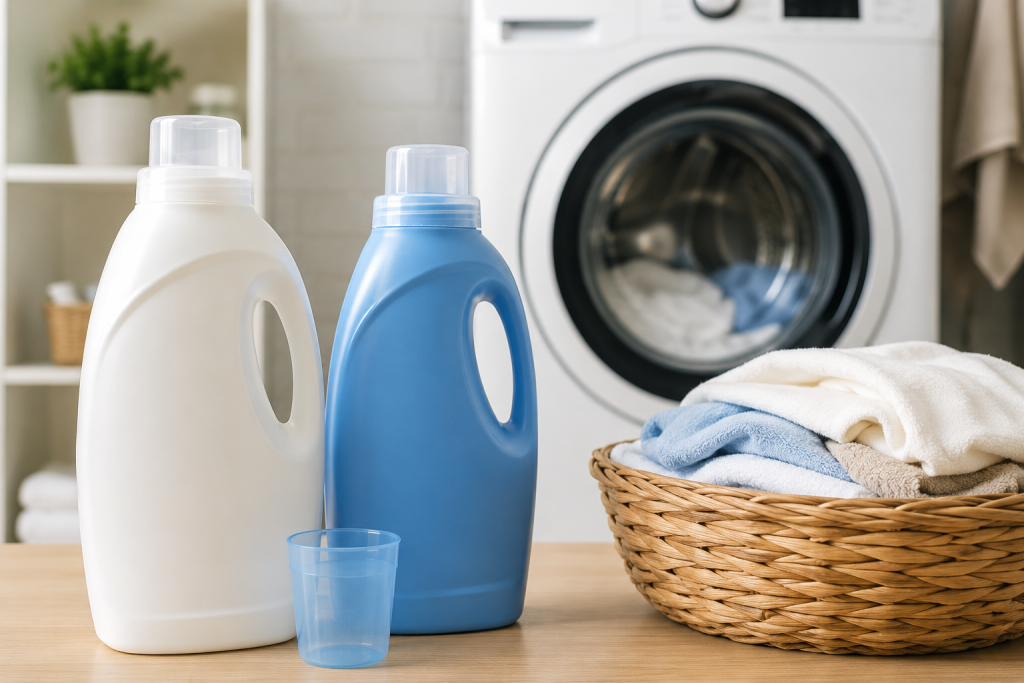 High-efficiency laundry detergent bottles on a countertop beside a front-load washing machine in a clean laundry room.