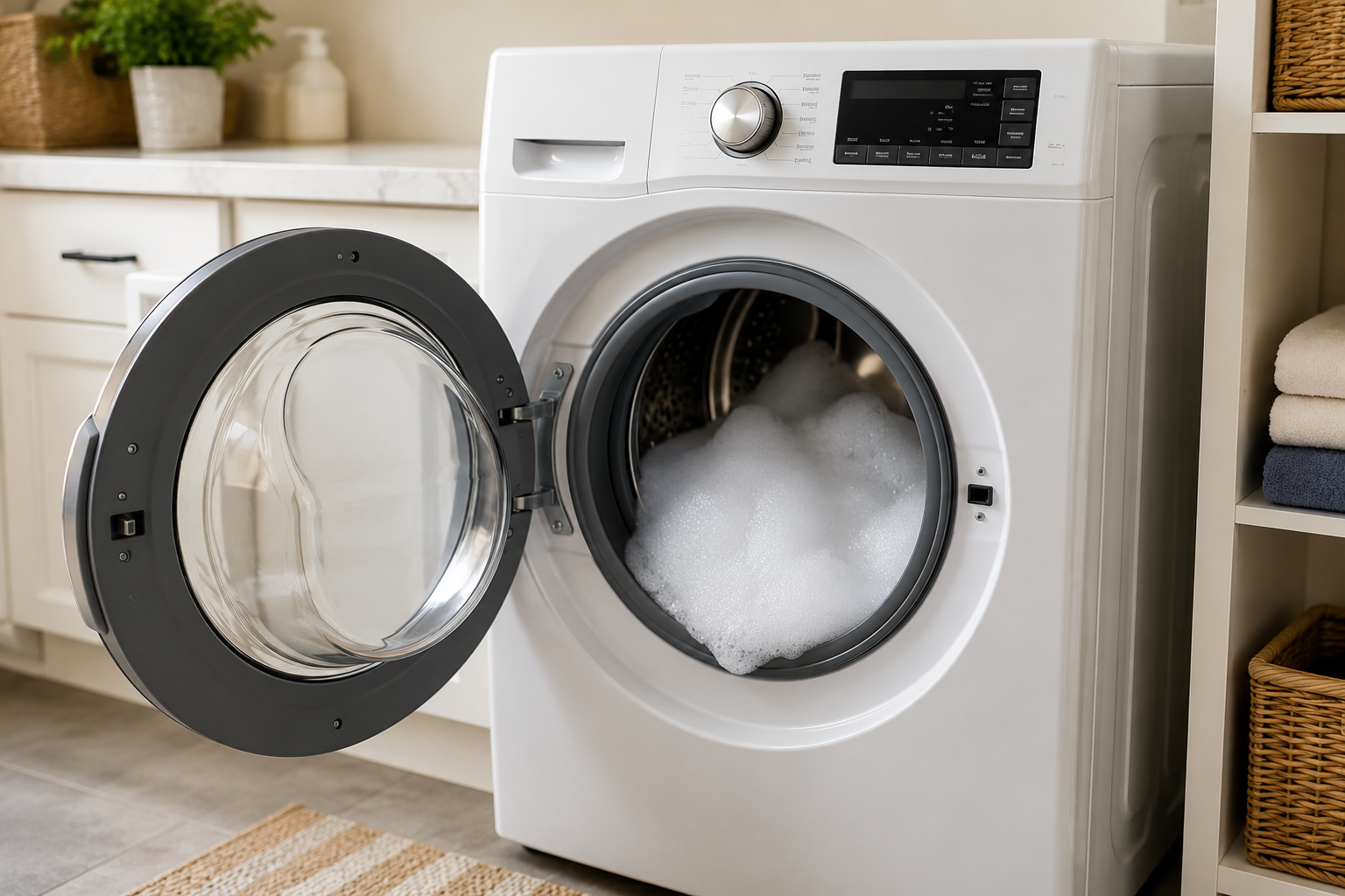 Front-load washing machine with excessive soap suds visible inside the drum in a clean modern laundry room, illustrating a Whirlpool washer SD code suds detection issue.