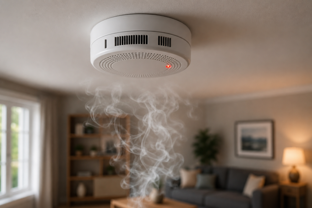 Ceiling-mounted smoke detector sensing visible smoke in a residential living room, demonstrating the importance of early fire detection and home safety for Best Smoke Detectors.