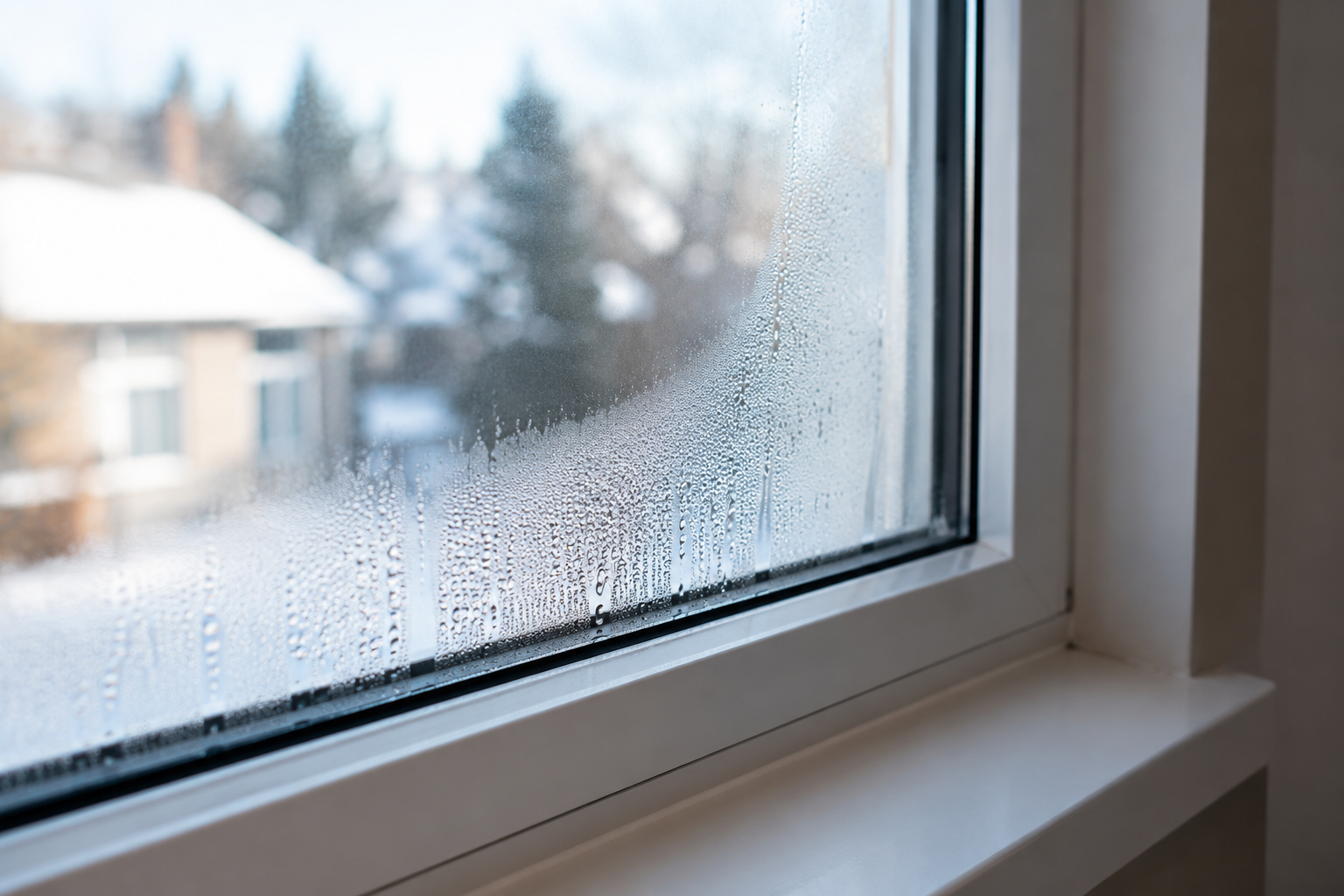 Double-pane residential window with visible condensation and fog trapped between the glass panes inside a modern home.