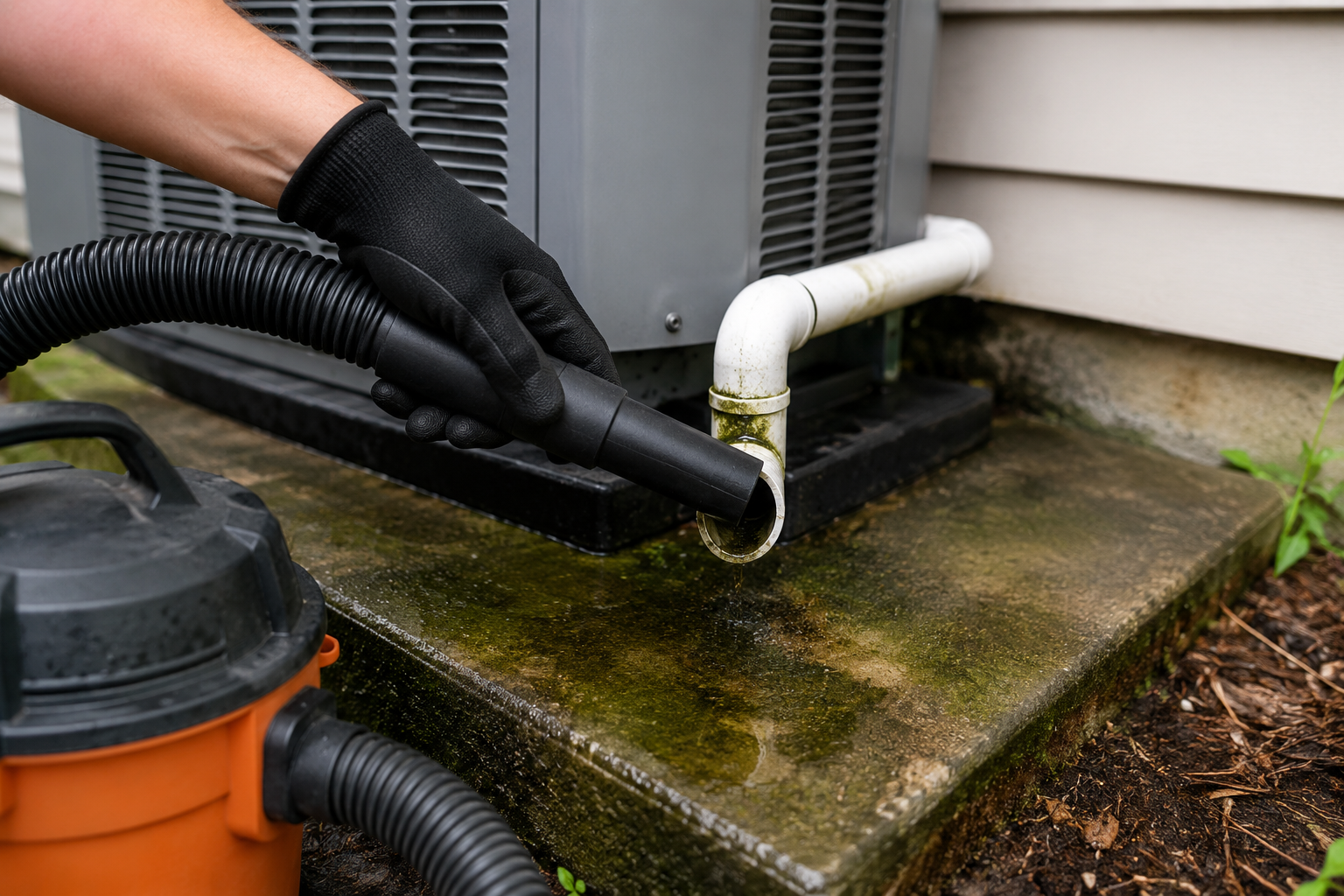 Technician using a wet/dry vacuum to clear a clogged AC condensate drain line outside a residential air conditioning unit.