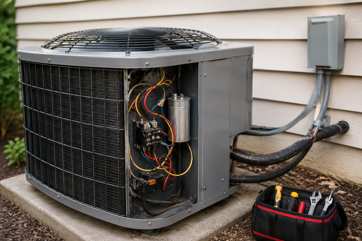 Outdoor air conditioner condenser with the access panel removed, showing the capacitor and electrical components while troubleshooting an AC fan that runs but the compressor won't start.