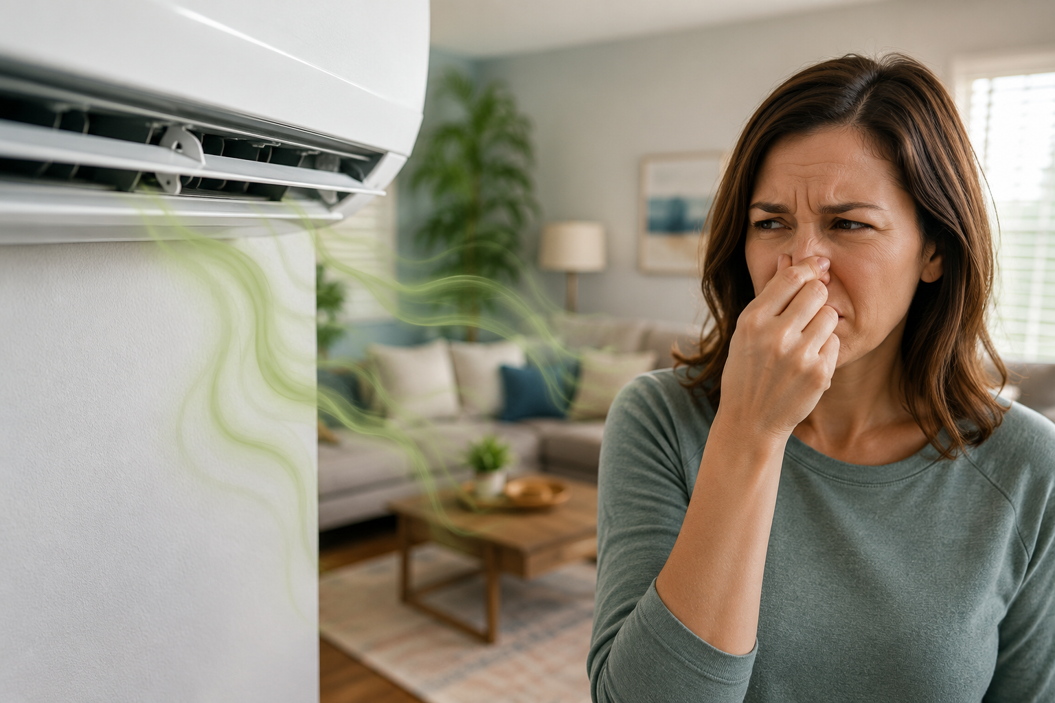 Homeowner reacting to a sour odor coming from an indoor air conditioner vent while troubleshooting why the AC smells like vinegar.