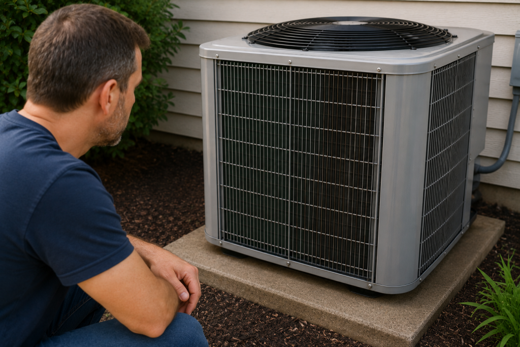 Homeowner waiting for an outdoor air conditioner compressor to cool before restarting the system after overheating.