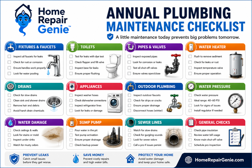 Annual plumbing maintenance checklist from Home Repair Genie featuring essential homeowner inspection tasks for faucets, toilets, pipes, water heater, drains, appliances, outdoor plumbing, water pressure, sump pump, sewer lines, water damage prevention, and general plumbing maintenance.