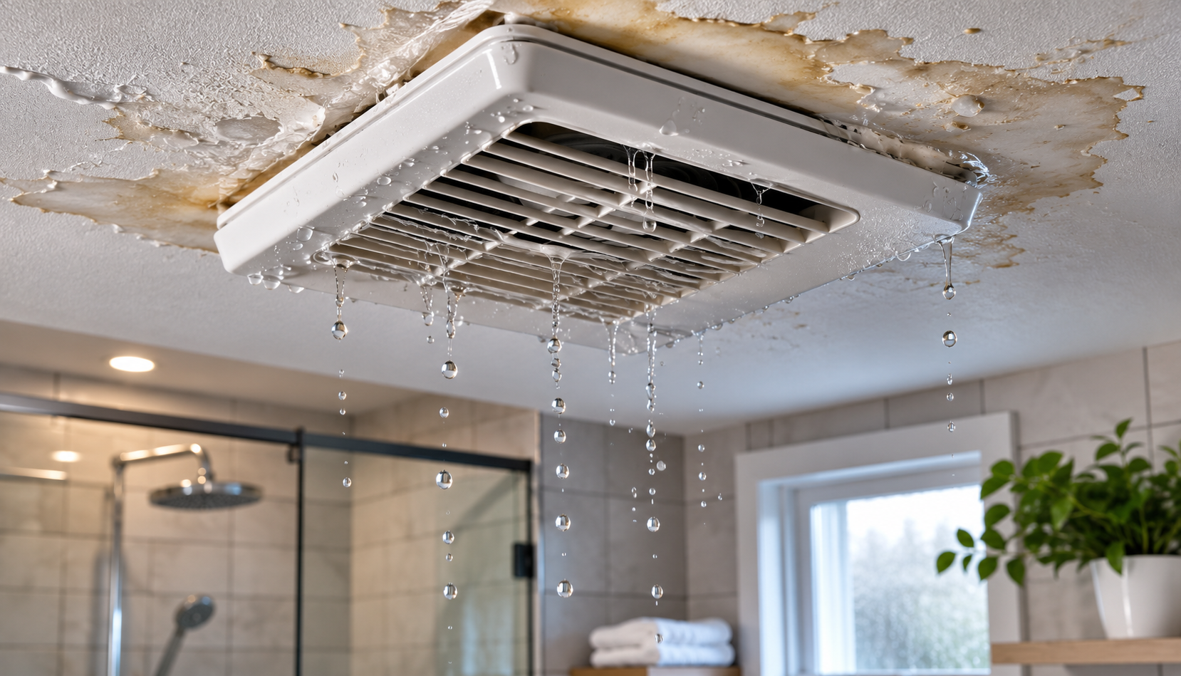 Water dripping from a bathroom exhaust fan with ceiling water damage caused by condensation or a roof leak