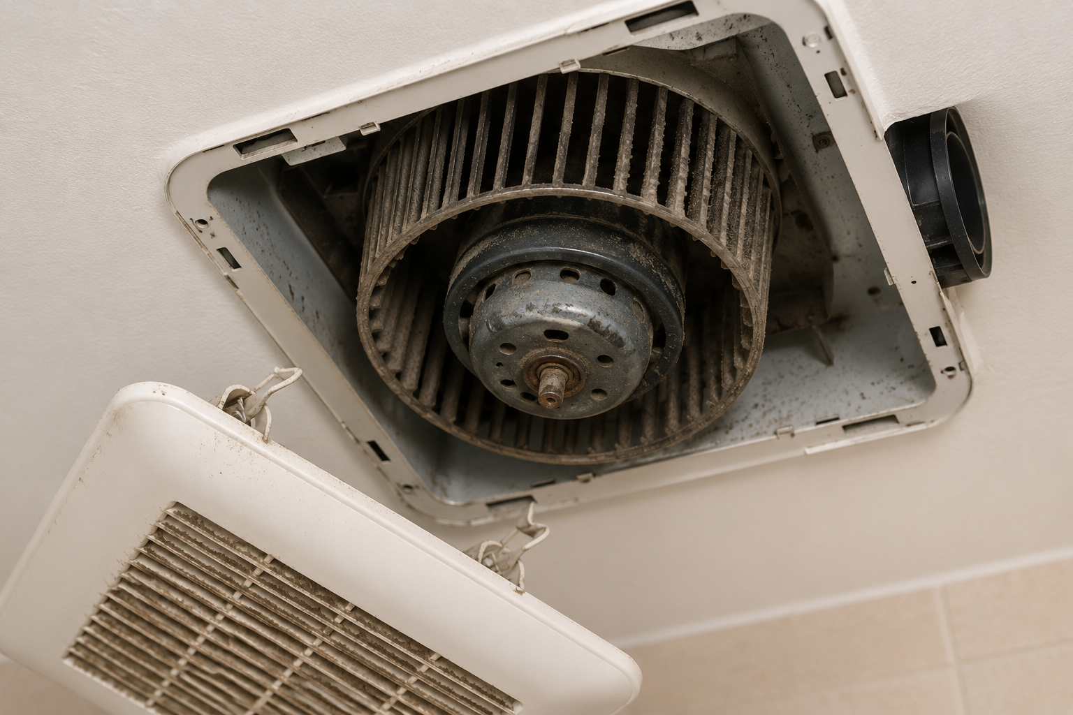 Dusty bathroom exhaust fan with the cover removed exposing the blower wheel and motor that may be causing a grinding noise