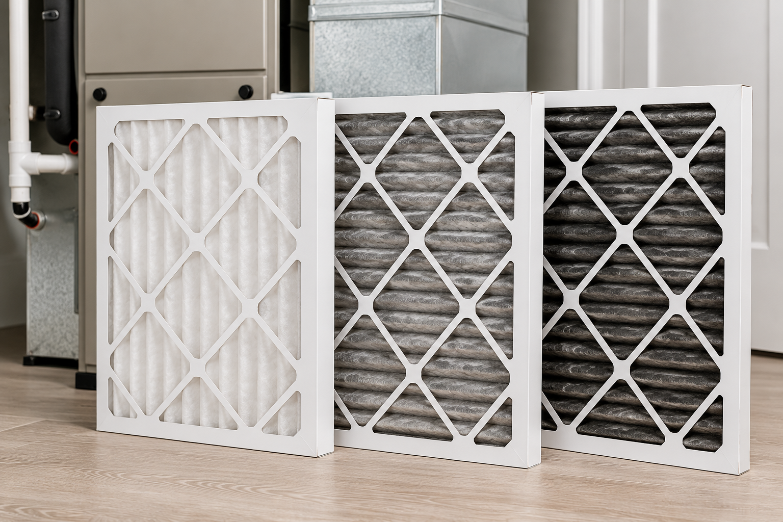Three residential furnace air filters illustrating MERV 8, MERV 11, and MERV 13 filtration levels in front of a home HVAC furnace.
