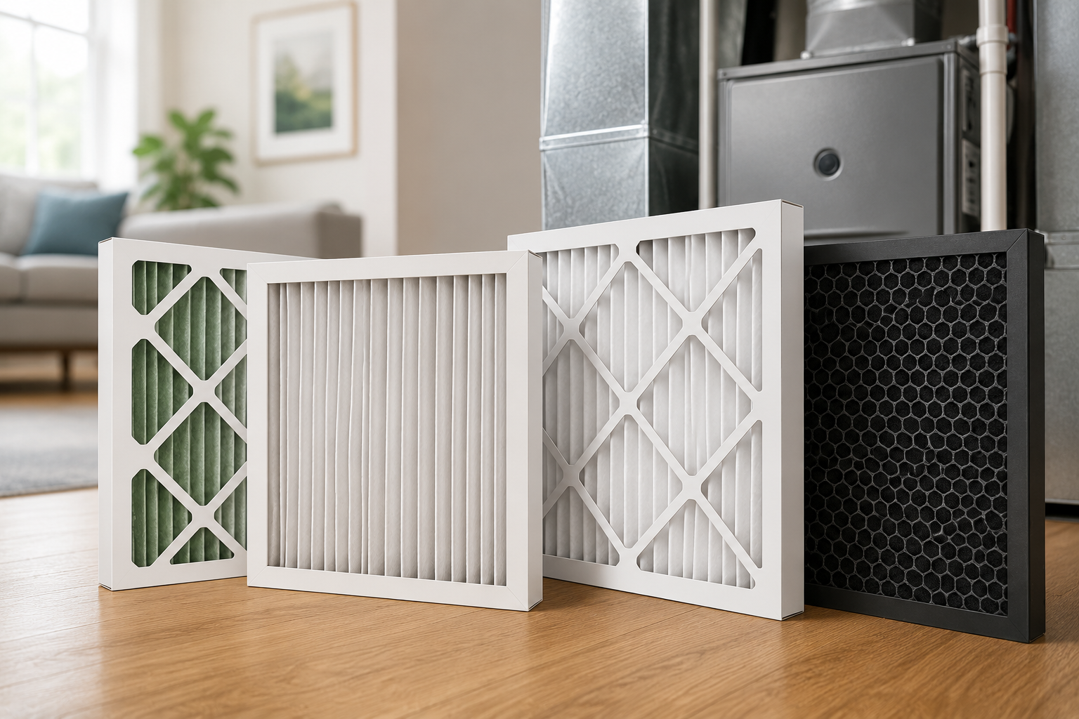High-efficiency HVAC air filters displayed in front of a residential furnace and ductwork, illustrating the best air filter options for improving indoor air quality and HVAC performance for the best HVAC air filters.
